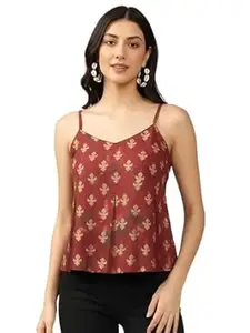 Pinkmint Women Pure Cambric Cotton Printed Peplum Top | Sleeveless Spaghetti Strap Summer Casual Top for Women & Girls