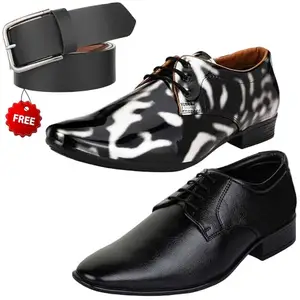 Relaxed Trendy Formal Shoes/Party Shoes/ 2 Shoes Combo with Free Belt for Men and Boys (BAZAAR7819_VTR01-Blk-Slvr-301-Blk) Multicolor