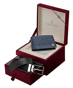 WildHorn Rakhi Gift Set for Brother - Premium Men's Combo | Gift Set of Leather Wallet & Belt & Rakhi with an Unique Slider Gift Box for Brother. (Blue Croco)