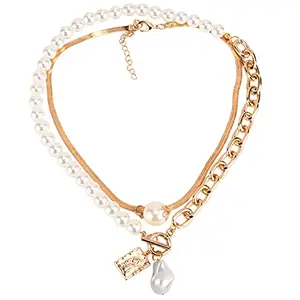Peora Women Retro Baroque Bar Lock Irregular Pearl Golden Charm Pendant Necklace 2 Pc Jewellery Set