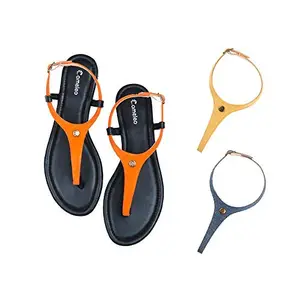 Cameleo -changes with You! Women's Plural T-Strap Slingback Flat Sandals | 3-in-1 Interchangeable Strap Set | Orange-Leather-Yellow-Dark-Blue
