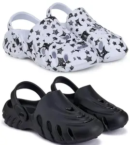 Pampy Angel Combo Pack of 2 Slipper/Flip Flops/Slides/Clogs/Sandals with Adjustable Back Strap for Men,(Cl-A-Star-White,Cl-100-Black),10 (UK/India)