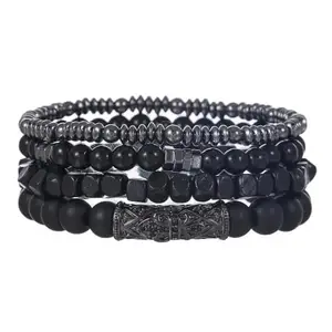 EDMIRIA Multilayer Lava & Onyx Bead Bracelet - Natural Stone, Black, Punk-Style Charm Stretch Bracelet Fashion Jewelry for Men and Women, Couple's Jewelry Gift (DESIGN - C)