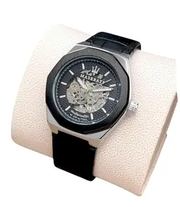 Automatic Skeleton Watch, Black Leather Strap, Water Resistant 100m, Rose Gold Hands (Black)