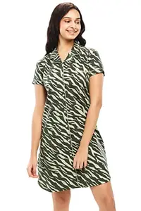 ZEYO Women's Cotton Night Dress Athflow Printed Green Knee Length Night Gown 5641