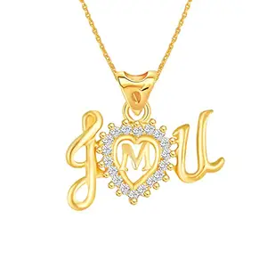 MEENAZ Pendant for Women Girls Wife Girlfriend lovers American Diamond Crystal CZ AD Brass Chain Necklace Pendent Gold Pendant Locket I Love U Heart Initial Name M Letter Alphabet Valentine gift -36
