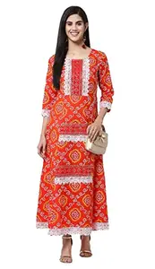 Generic Women's Printed Three by Fourth Sleeve Round Neck Casual Dress (Color:Red, Material:Pure Cotton, Size:S)-PID40455