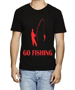 Caseria Men's Round Neck Cotton Half Sleeved T-Shirt with Printed Graphics - Go Fishing (Black, XL)