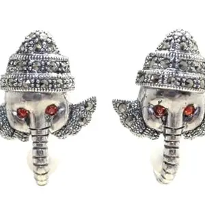 Rajasthan Gems Stud Earrings Tops Ganesha Ganesh God 925 Sterling Silver Marcasite & Freshwater Pearl Gem Stone Temple Traditional Handmade Women Gift G617