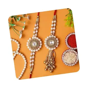 eCraftIndia Designer Bhaiya Bhabhi Rakhis with Roli Chawal Pack and Raksha Bandhan Greeting Card - Rakhi for Brother, Bhaiya, Bhai - Lumba Rakhi for Bhabhi, Sister