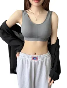 Jemego Womens U Back Sports Bra - Scoop Neck Padded Low Impact Yoga Bra Workout Crop Top with Built in Bra (Dark Grey)