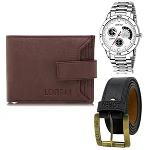 LOREM Mens Combo of Watch with Artificial Leather Wallet & Belt FZ-LR101-WL09-BL01