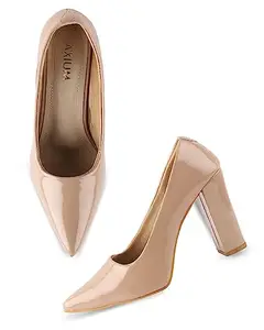 AXIUM Nude Beige Women Pointed-Toe Block Heel Pumps 4Inch (BLY172)