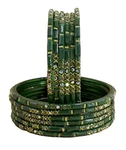 The Golden Cascade Green Color Glass Bangles with Zircon Stone Design/Kanch Chudi Set for Women & Girls/MHRNI (Green, Large 2-8)