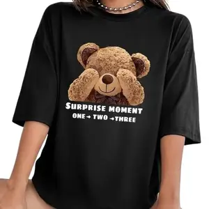 Cute Teddy Bear Graphic T-Shirt, Oversized, Black, Surprise Moment Printed Drop Sholder (in, Alpha, M, Regular, Black)