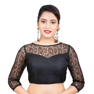 Biyu Being With You Net Butter Crepe Princess Cut Padded 3/4th Sleeves Readymade Saree Blouse for Women & Girls (R166-BLACK_38_BU_Black_38)