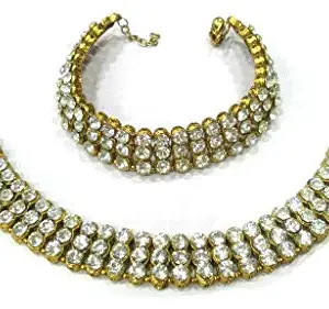 WONDER CHOICE White Non-Precious Metal Antique Gold Plated Traditional Sparkling Stone Payal Anklet for Women