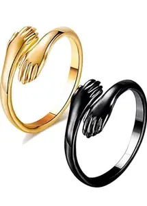 PRANJAL GEMS Combo Stylish Hug Ring for Men Women Boy & Girl - Promise Free Size Finger Ring (Yellow + Black)