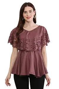 INDAISY Women Casual Trendy pepulam Laser Cut Top (Medium, Brown)
