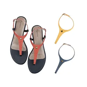 Cameleo -changes with You! Women's Plural T-Strap Slingback Flat Sandals | 3-in-1 Interchangeable Strap Set | Red-Yellow-Dark-Blue