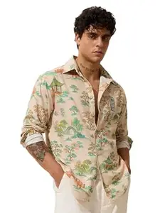 The Souled Store Ikebana Men and Boys Long Sleeve Collared Beige All Over Printed Lightweight Easy to Style Everyday Office Wear Cotton Relaxed Fit Shirt