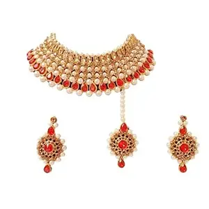 Rhosyn Traditional Stylish Ethnic Wear White Stone & Pearl Beaded Choker Necklace set with Maang Tikka & Earrings (Contemporary Crystal Red)