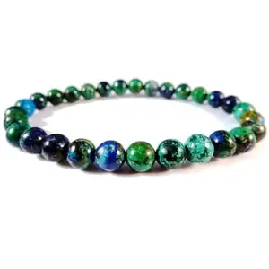 Lady Works Natural Azurite & Chrysocolla 8mm Round Shape Smooth Cut Beads 7.5 Inch Stretchable Bracelet For Men & Women. Unisex Bracelet For Healing, Meditation, Prosperity, Gift & Luck|LW_BRST_01115_7.5