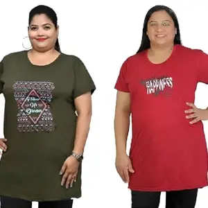 La Rainbow Women's Plus Size Printed Round Neck Half Sleeves Long Side Slit Cotton T-Shirts for Summers Pack of 2 (Maroon,OliveGreen) (4XL)
