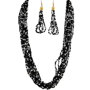 Handmade Crystal Beaded Multi Strand Tribal Necklace Set With Earrings For Women | Jewellery Set | Women Jewellery | Beads Necklace | Tribal Boho Jewellery (Black)