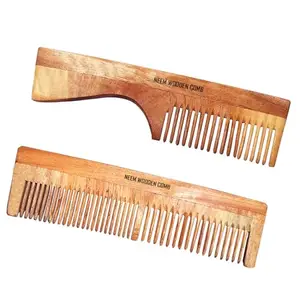 BlackLaoban Handmade Wooden Combs Big Size Kacchi Neem Wood Comb Set - Neem Comb Combo For Men & Women Hair Growth - Pack of 2 - Anti Dandruff, Detangling Hair Fall Control Kanghi Handle Comb & Dual Tooth