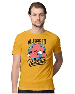 ALLEN BLACK Men's Regular Fit T-Shirt Allergic to BS - Antisocial 100% Cotton T-Shirt Golden Yellow_BLLSHTT-Golden Yellow L Men Round_
