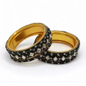 Traditional Green Stone-Studded Designer Bangles Set for Women – Set of 2 (BLACK, 2.6)