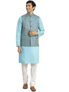 SOJANYA (Since 1958 Men's Pure Cotton Sky Blue Chikankari Kurta & Silk Blend Nehrujacket With White Churidar Pyjama Size 44
