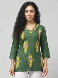 Primium Shahi Collection Womens Rayon V Neck Printed Short Kurti Green