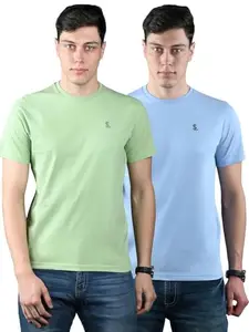 LOUIS STITCH Men's Super Combed Cotton Pack of 2 Regular Fit T-Shirts | Super Combed | Round Neck| Half Sleeves| Light Green and Light Blue| S