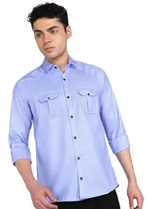 Men's Solid Double Pocket Cotton Shirt | Casual | Plain | Full Sleeve-Slim Fit Sky