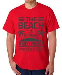 Caseria Men's Cotton Graphic Printed Half Sleeve T-Shirt - The Beach Go (Red, XL)