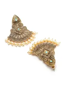 ADIVA Antique Gold-Plated Turquoise Blue & Pearl Handcrafted Classic Drop Earrings
