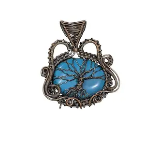 Handcrafted Wire Wrapped Turquoise Stone Pendant, Vintage Copper Design, Blue