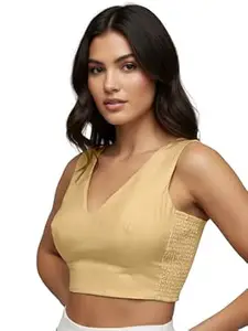 Mehrang V-Neck Taffeta Padded Sleeveless, Back Hook Closure with Smocked Side Panel, String or tie, Readymade Saree Blouse for Women