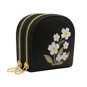 Valerie Women's Wallet for Women and Girls Floral Embroidered PU Leather Coin Pouch | Dual Zipper Mini Wallets with Gold Accents for Women & Girls (Black)