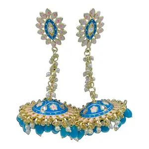 Adwait Meena Ethnic Fancy Wedding Long Statement traditional Chandelier Pearl Beaded Jhumka festive Earring 7117 Jewellery for Women & Girls (Light Blue)