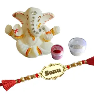 SOLOBOLO Rakhi Combo for Brother and Sister, Premium Rakhi Gift Item for Brother ,Rakhi with Ganpati Idol,Kum Kum and Akshat Rakshabandhan Gift for Bhaiya Bhabhi, name rakhi for brother combo (NAME RAKHI, 3)