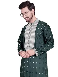 Jompers Mens Sequins Embroidered Kurtas (Olive, XL)