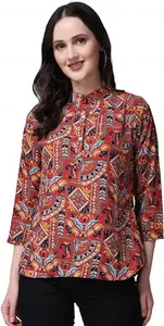 AF Affair Women’s Orange Printed Casual Top – New Pattern Short Sleeve Tunic with Round Neck for Daily