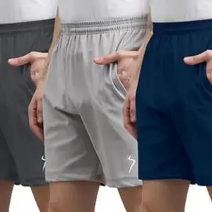 Men's Quick Dry Lightweight Sports Shorts with Zipper Pockets | Comfortable All-Day Casual Wear Shorts for Basketball, Gym, and Running (SET of 3) (DARK GREY-LIGHT GREY-BLUE) (X-Large)