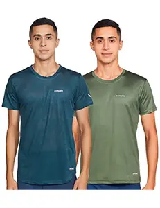 Charged Active-001 Camo Jacquard Round Neck Sports T-Shirt Petrol-Green Size Medium And Charged Energy-004 Interlock Knit Hexagon Emboss Round Neck Sports T-Shirt Grape-Green Size Medium