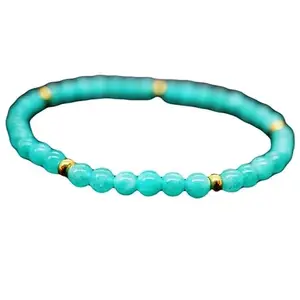 RRJEWELZ 6mm Natural Gemstone Blue Amazonite Round shape Smooth cut beads 7.5 inch stretchable bracelet for men & women. | STBR_RR_03878