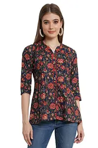 Amazon Brand - Anarva Jaipuri Cotton Floral Printed Bell Sleeves Top for Women (Pintucks Design) (Blissful Blue)