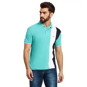 RELANE Men's Cotton Half Sleeves Colorblocked Polo T-shirt-POLO106-Aqua_XXL